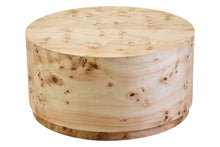 Load image into Gallery viewer, Round wooden ottoman with a natural finish on a white background
