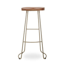 Load image into Gallery viewer, Bar stool with wooden seat and metal legs on a white background
