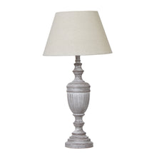 Load image into Gallery viewer, Table lamp with a textured gray base and beige lampshade on a white background
