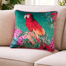 Load image into Gallery viewer, Decorative pillow with a parrot design on a beige sofa
