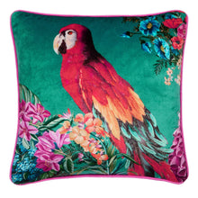 Load image into Gallery viewer, Decorative pillow with a parrot and floral design on a teal background
