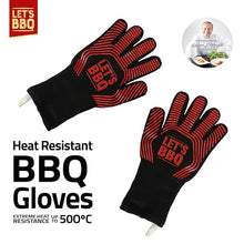 Load image into Gallery viewer, Two black and red heat resistant BBQ gloves with 'LET'S BBQ' branding, shown on a white background with promotional text and a small chef inset image.

