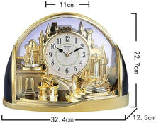 Load image into Gallery viewer, Gold and black decorative clock with a castle design inside a dome-shaped glass cover, shown with dimension lines and measurements on a white background.

