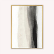Load image into Gallery viewer, Abstract art print with black and gray brushstrokes in a gold frame on a white background
