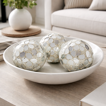 Load image into Gallery viewer, Decorative spherical objects with a mosaic pattern in a white bowl on a wooden surface.
