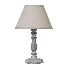 Load image into Gallery viewer, Table lamp with a beige shade and wooden base on a white background
