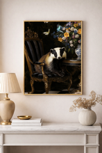 Load image into Gallery viewer, Framed artwork of a badger in an elegant interior setting on a wall above a marble console table.
