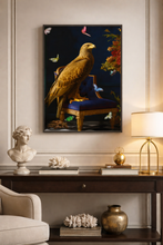 Load image into Gallery viewer, Decorative interior with a large painting of an eagle on a wall above a console table.
