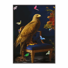 Load image into Gallery viewer, Eagle perched on a chair with butterflies and plants in the background
