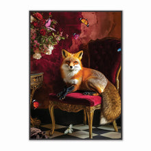 Load image into Gallery viewer, Fox sitting on a red velvet chair with floral decorations and butterflies in the background
