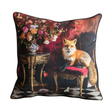 Load image into Gallery viewer, Decorative pillow with a fox and floral design on a checkered floor.
