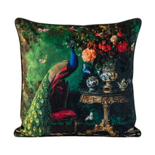 Load image into Gallery viewer, Decorative pillow with a peacock and floral design on a white background
