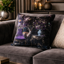 Load image into Gallery viewer, Decorative pillow with a deer and floral design on a gray sofa.
