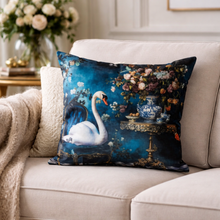 Load image into Gallery viewer, Decorative pillow with swan design on a beige sofa
