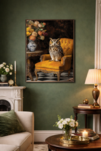 Load image into Gallery viewer, Living room with a painting of an owl on a yellow chair, green walls, and decorative items.
