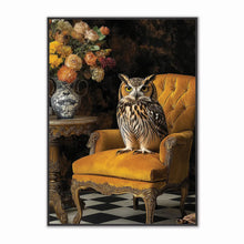Load image into Gallery viewer, Owl on a yellow chair with floral arrangement in the background
