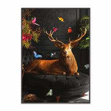 Load image into Gallery viewer, Framed artwork of a deer on a black cushion with butterflies and flowers.
