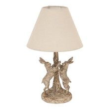Load image into Gallery viewer, Decorative table lamp with beige shade and metal base on a white background
