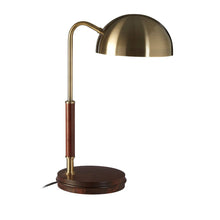 Load image into Gallery viewer, Brass desk lamp with wooden base on a white background
