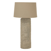Load image into Gallery viewer, Table lamp with textured base and beige lampshade on a white background
