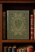 Load image into Gallery viewer, Decorative book with intricate design on a wooden shelf with other books
