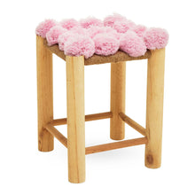 Load image into Gallery viewer, Wooden stool with a pink pom-pom cushion on a white background
