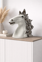 Load image into Gallery viewer, Decorative horse head sculpture on a wooden shelf with a neutral background
