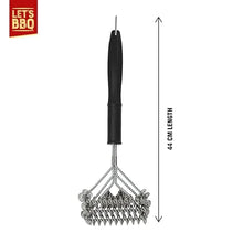 Load image into Gallery viewer, A hanging stainless steel meat tenderizer with a black handle, shown on a white background with a vertical measurement arrow and text indicating 44 cm length. A red 'LET'S BBQ' logo appears in the top-left corner.
