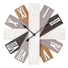 Load image into Gallery viewer, A rustic wall clock with a starburst design, featuring distressed wood planks in off-white, gray, brown, and charcoal with raised white Roman numerals and black hands.
