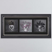 Load image into Gallery viewer, King,Queen And Jester Skull Triptych Card Framed Wall Art
