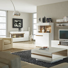 Load image into Gallery viewer, Chelsea Living Low Display Cabinet 109 cm wide in white with an Truffle Oak Trim

