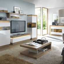 Load image into Gallery viewer, Lyon 2 drawer TV cabinet in Riviera Oak/White High Gloss
